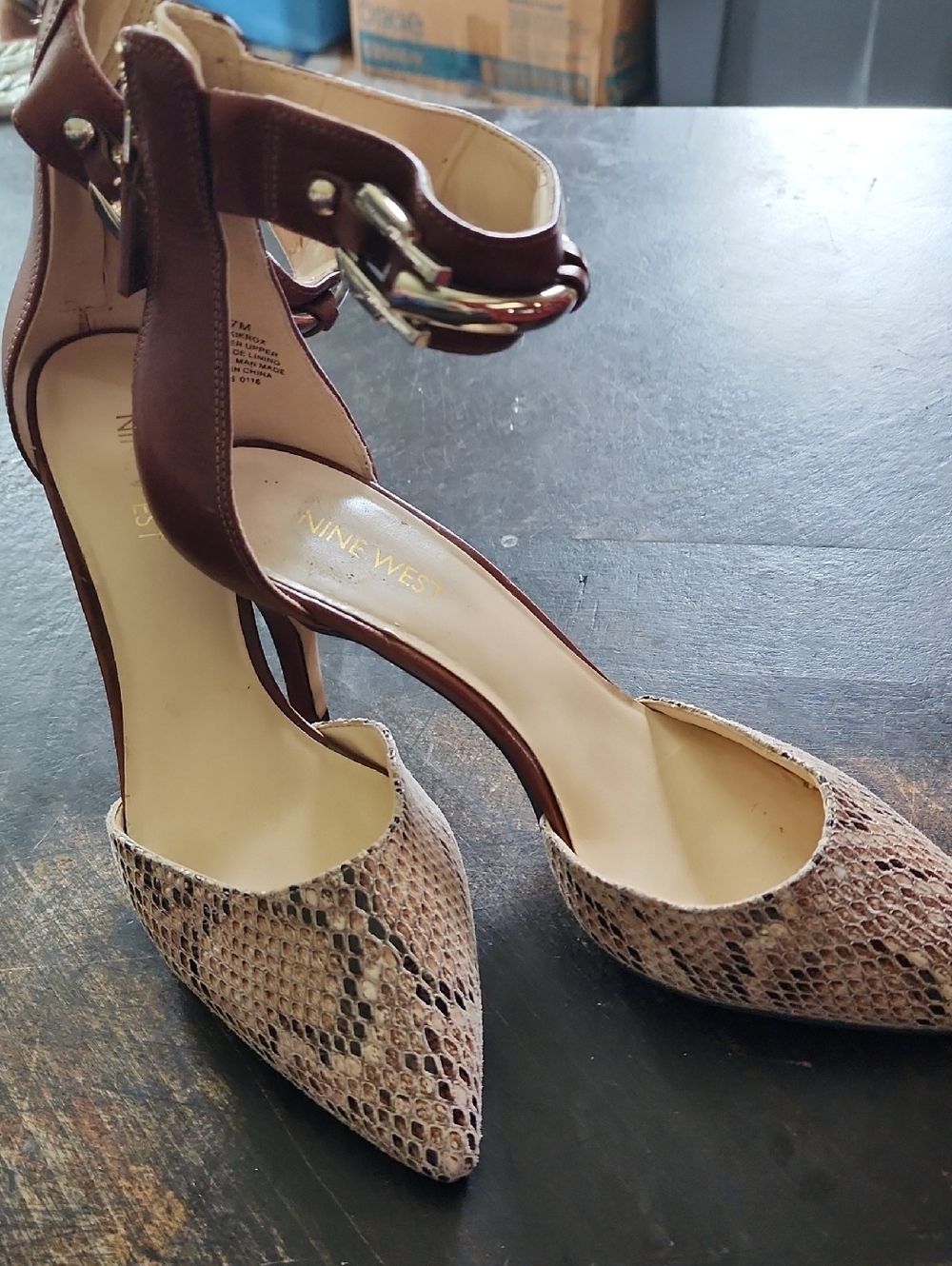 Nine West Brown Snake-Print Pointed Toe Ankle-Strap Heels